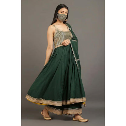 OMAANA Women Mulmul Green Anarkali Kurta with Palazzo and Dupatta