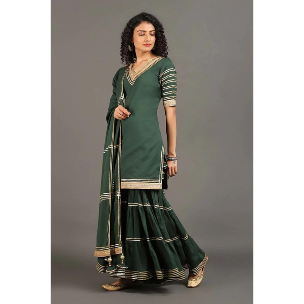 OMAANA Women Mulmul Green Kurta with Gharara and Dupatta