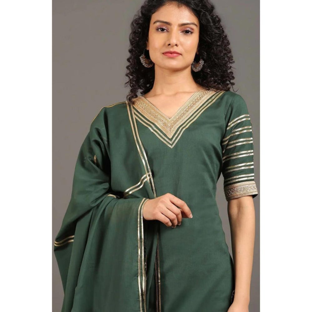 OMAANA Women Mulmul Green Kurta with Gharara and Dupatta