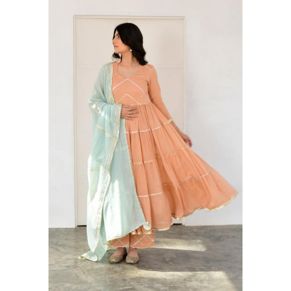 OMAANA Women Mulmul Peach Kurta with Pant and Dupatta