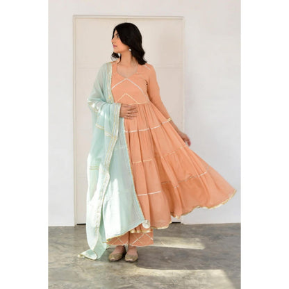 OMAANA Women Mulmul Peach Kurta with Pant and Dupatta