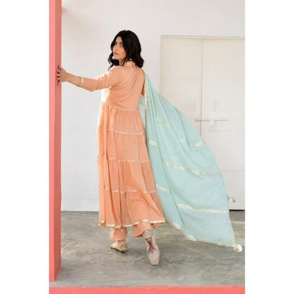 OMAANA Women Mulmul Peach Kurta with Pant and Dupatta