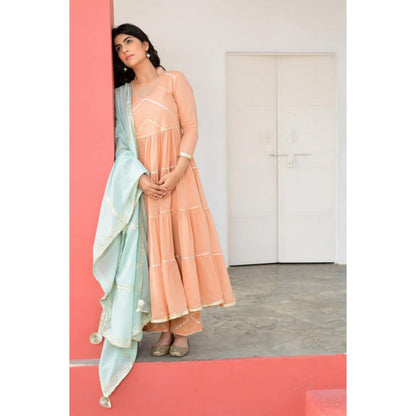 OMAANA Women Mulmul Peach Kurta with Pant and Dupatta