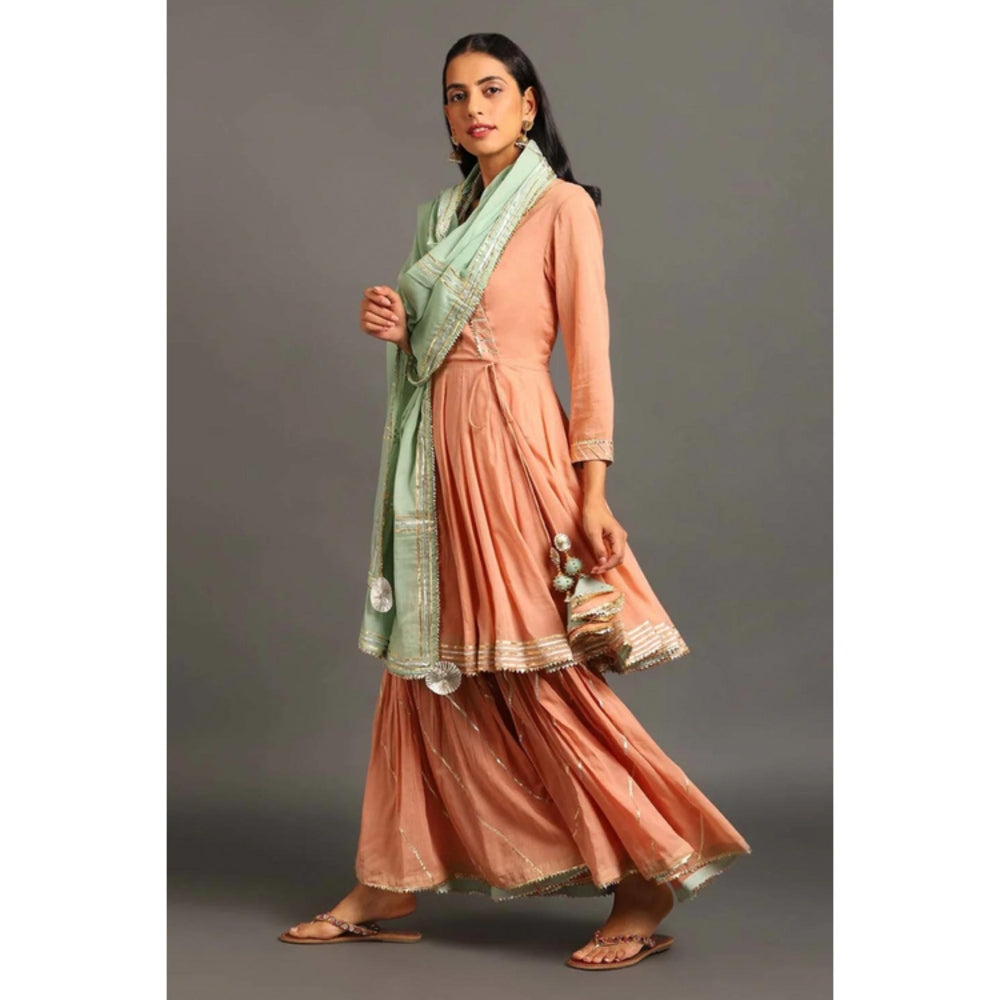 OMAANA Women Mulmul Peach Angrakha Kurta with Sharara and Dupatta