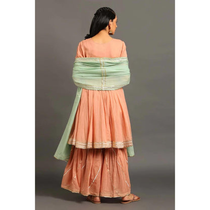 OMAANA Women Mulmul Peach Angrakha Kurta with Sharara and Dupatta