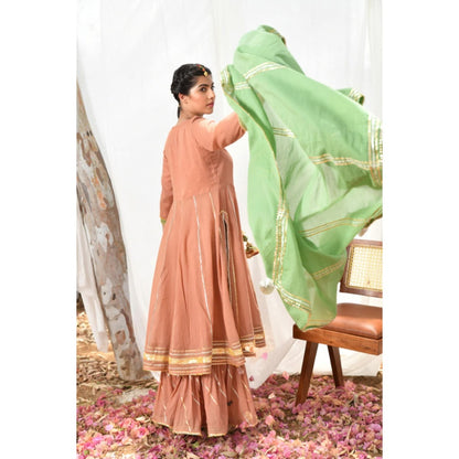 OMAANA Women Mulmul Peach Kurta with Sharara and Dupatta