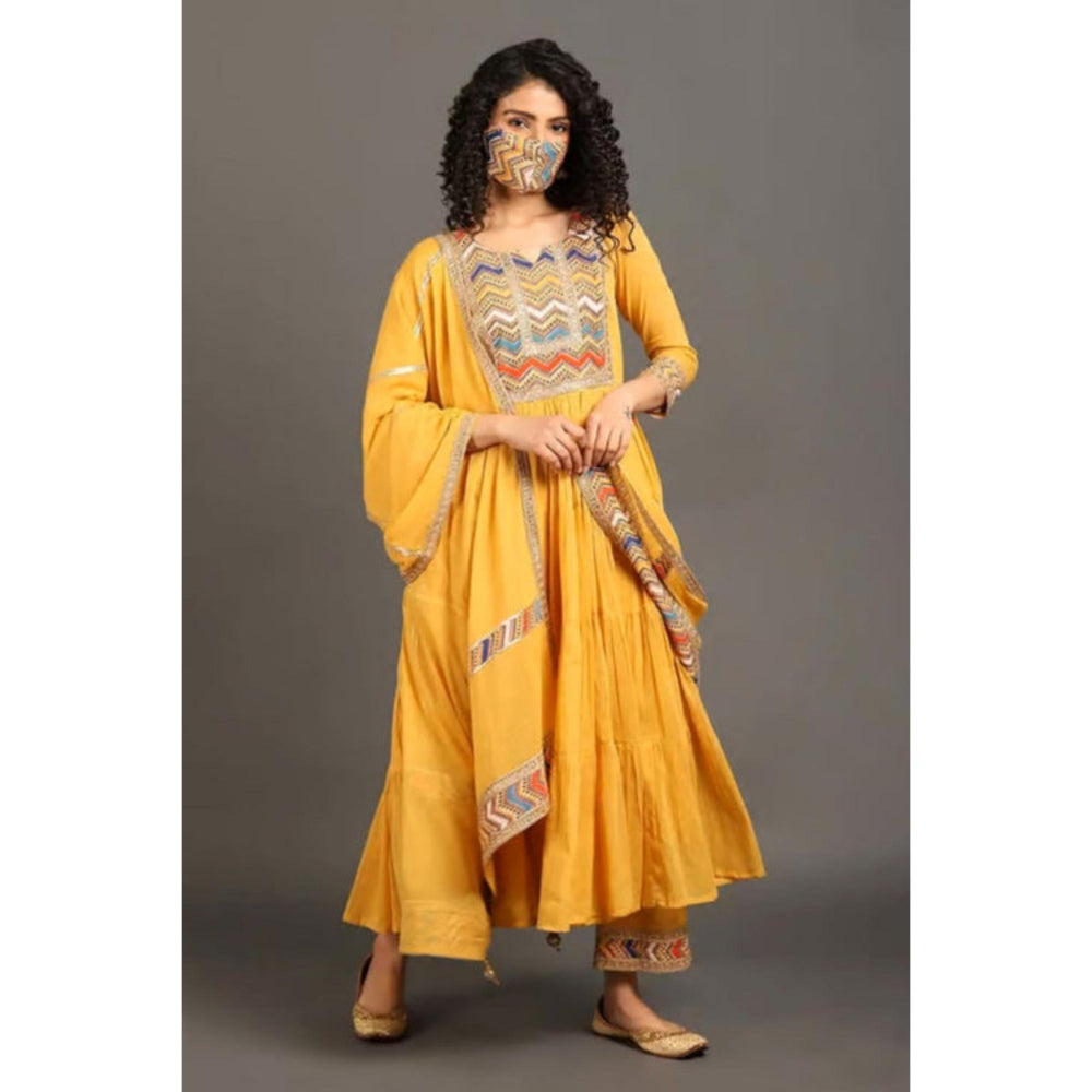 OMAANA Women Mulmul Yellow Kurta with Pant and Dupatta
