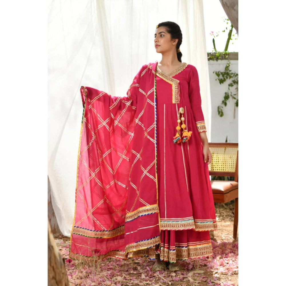 OMAANA Women Mulmul Magenta Kurta with Sharara and Dupatta