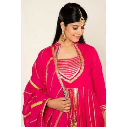 OMAANA Women Mulmul Magenta Kurta with Sharara and Dupatta