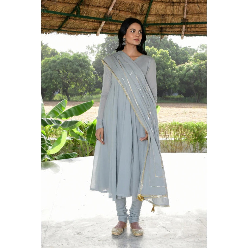 OMAANA Women Mulmul Grey Anarkali Kurta with Churidar and Dupatta