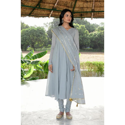 OMAANA Women Mulmul Grey Anarkali Kurta with Churidar and Dupatta