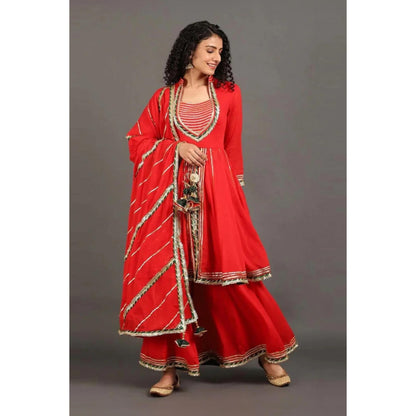 OMAANA Women Mulmul Red Kurta with Sharara and Dupatta