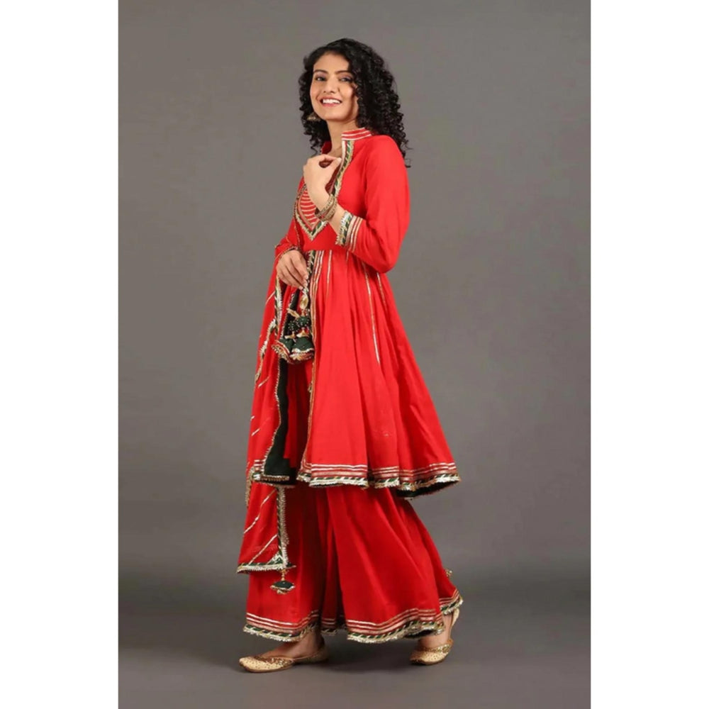 OMAANA Women Mulmul Red Kurta with Sharara and Dupatta