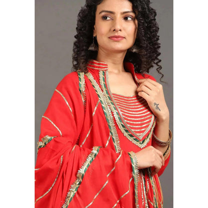OMAANA Women Mulmul Red Kurta with Sharara and Dupatta