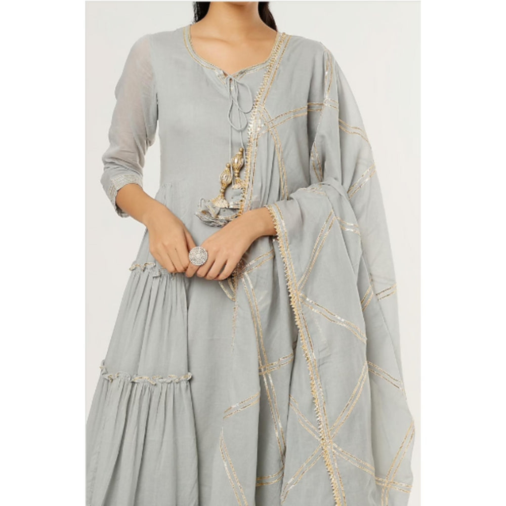 OMAANA Women Mulmul Grey Kurta with Pant and Dupatta