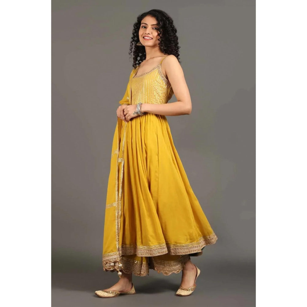 OMAANA Women Chanderi Yellow Anarkali Kurta with Palazzo and Dupatta