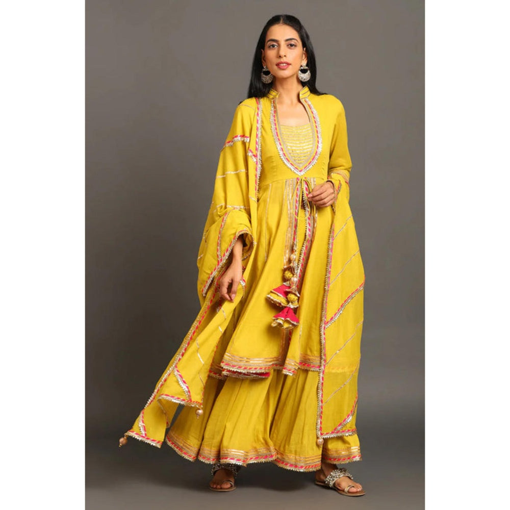 OMAANA Women Cotton Yellow Kurta with Sharara and Dupatta