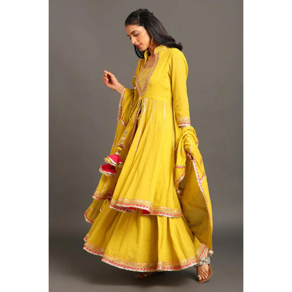 OMAANA Women Cotton Yellow Kurta with Sharara and Dupatta