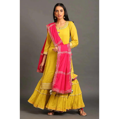 OMAANA Women Mulmul Yellow Kurta with Sharara and Dupatta