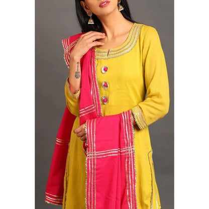 OMAANA Women Mulmul Yellow Kurta with Sharara and Dupatta