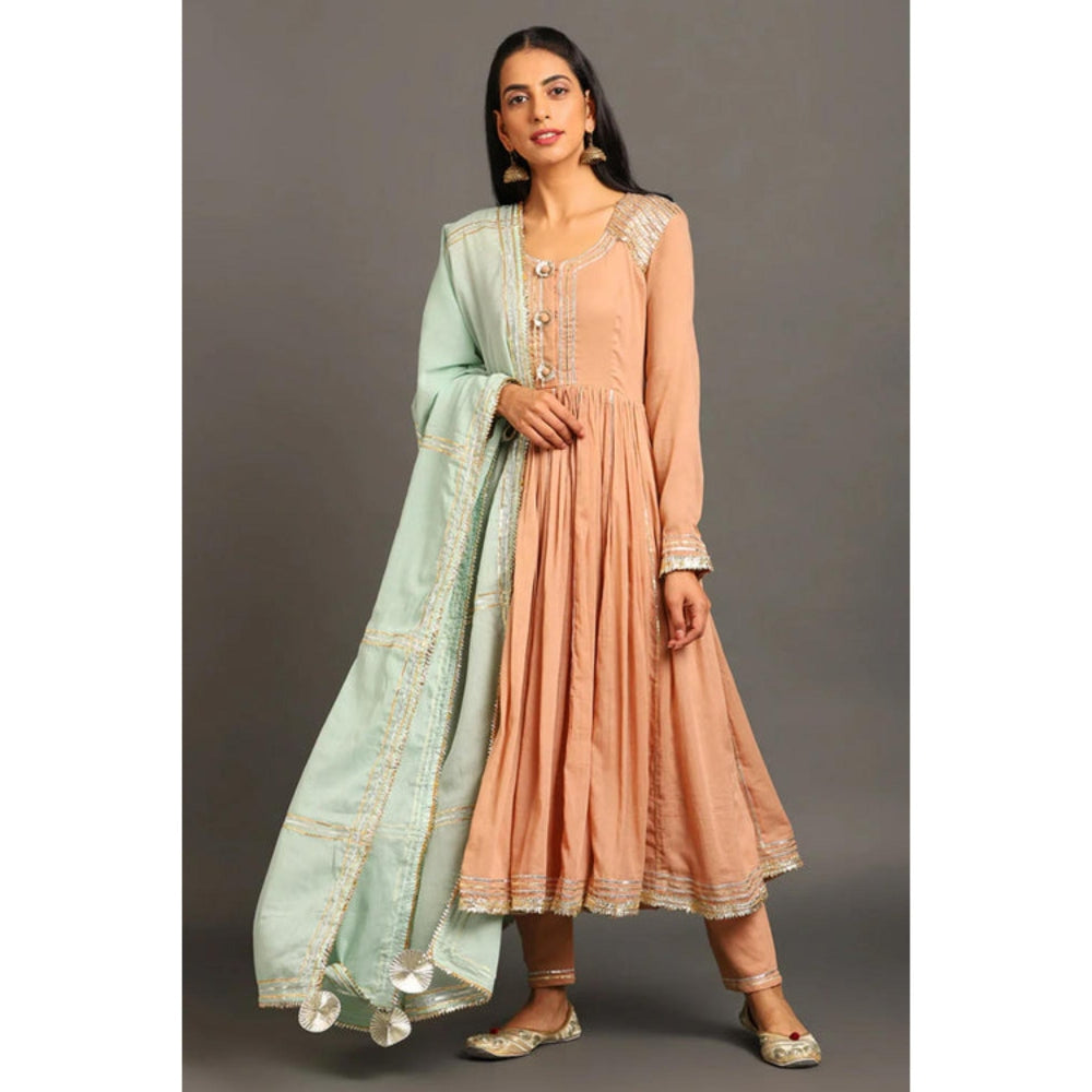 OMAANA Women Mulmul Peach Anarkali Kurta with Pant and Dupatta