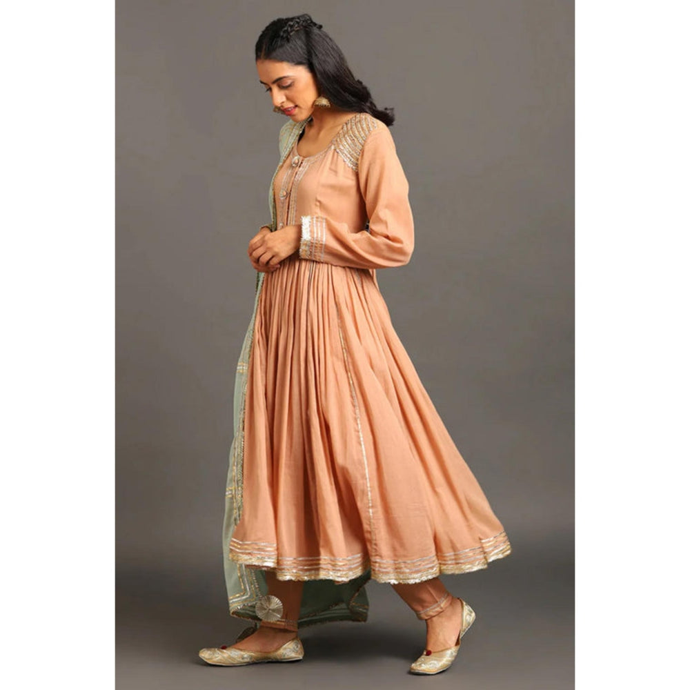 OMAANA Women Mulmul Peach Anarkali Kurta with Pant and Dupatta