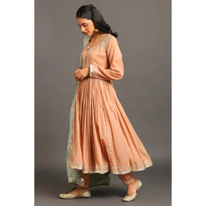OMAANA Women Mulmul Peach Anarkali Kurta with Pant and Dupatta