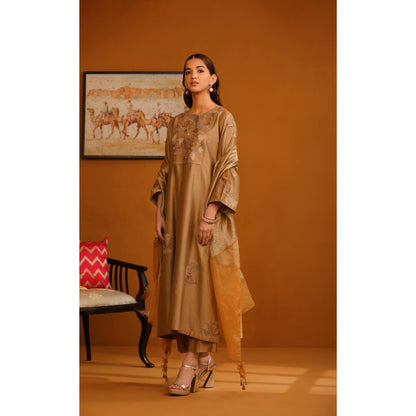 Omana by Ranjana Bothra Brown Nafeesa Applique Kurta with Pant and Dupatta (Set of 3)