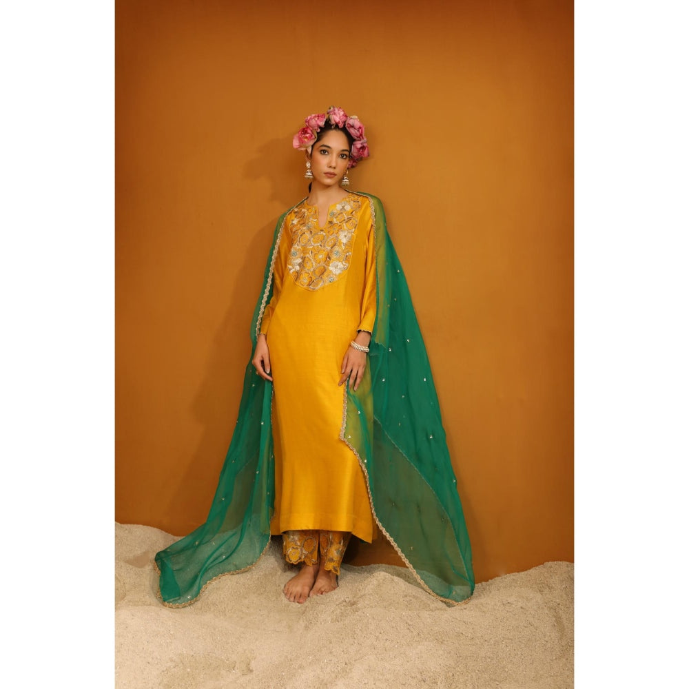 Omana by Ranjana Bothra Yellow Naaz Kurta with Pant and Dupatta (Set of 3)
