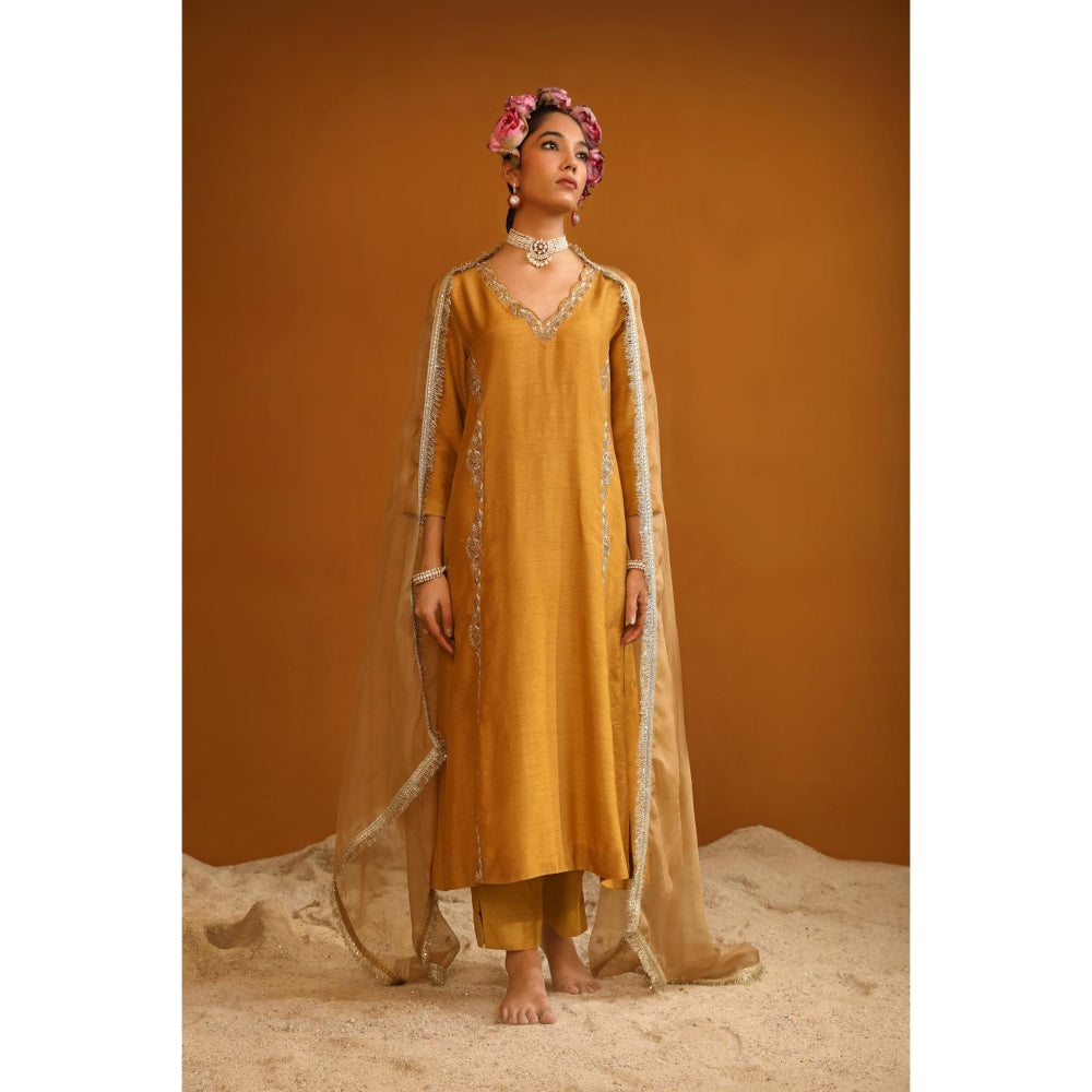 Omana by Ranjana Bothra Mustard Firoza Kurta with Pant and Dupatta (Set of 3)