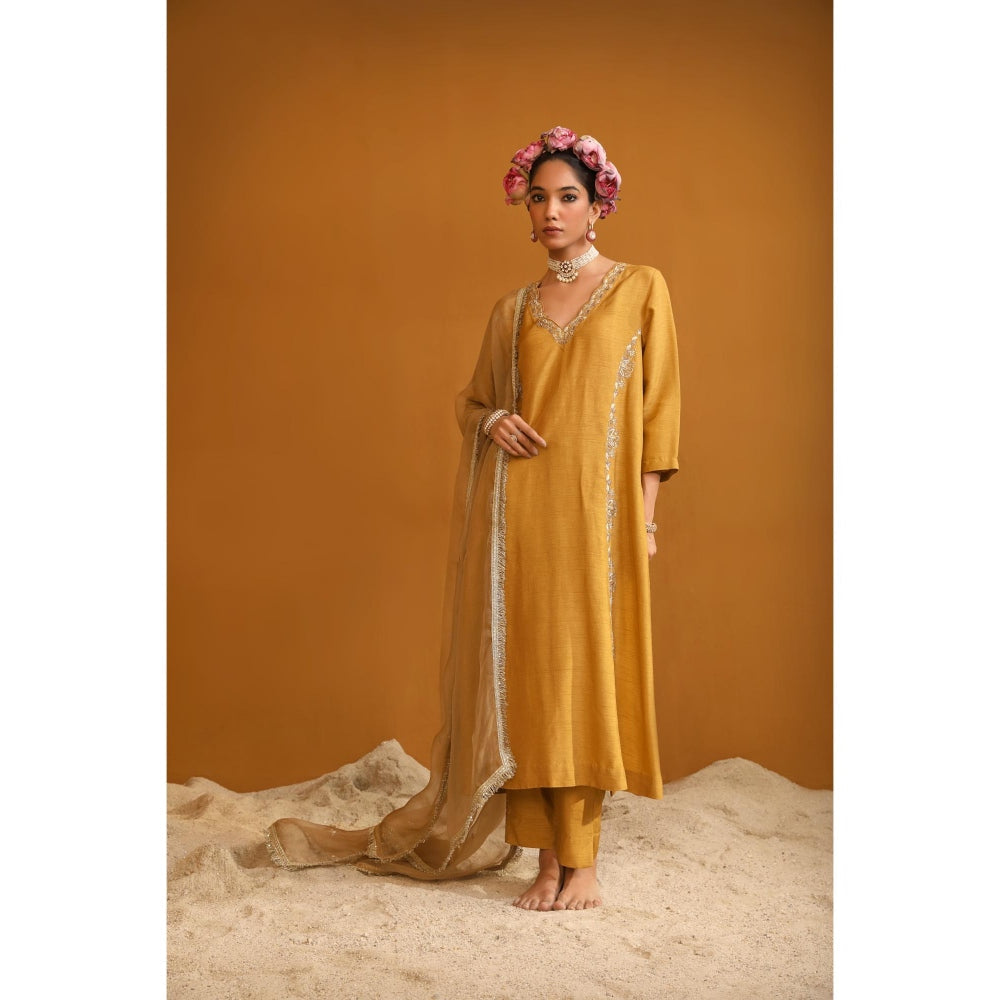 Omana by Ranjana Bothra Mustard Firoza Kurta with Pant and Dupatta (Set of 3)