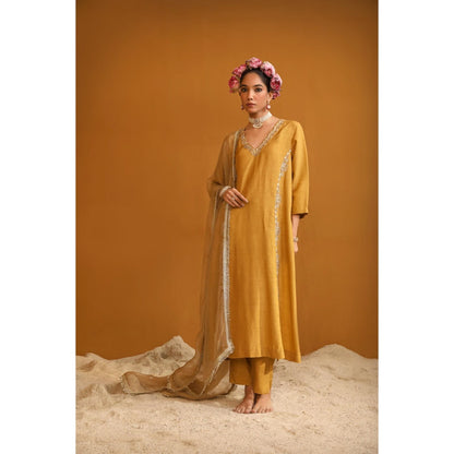 Omana by Ranjana Bothra Mustard Firoza Kurta with Pant and Dupatta (Set of 3)