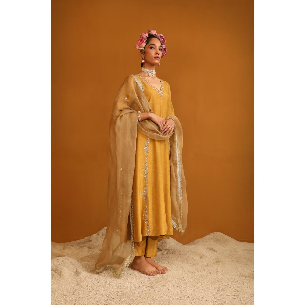 Omana by Ranjana Bothra Mustard Firoza Kurta with Pant and Dupatta (Set of 3)