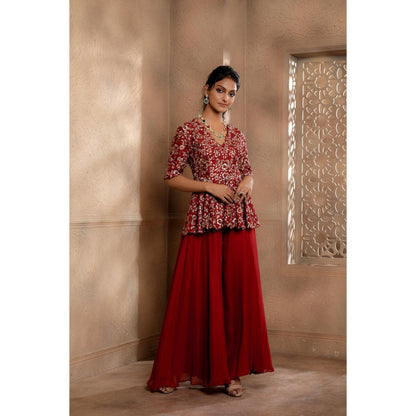 Omana by Ranjana Bothra Ruby Red Zareen Peplum Top with Sharara (Set of 2)