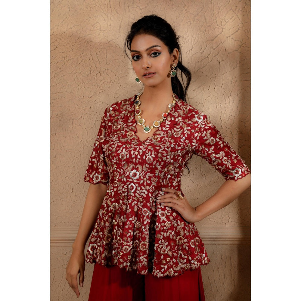 Omana by Ranjana Bothra Ruby Red Zareen Peplum Top with Sharara (Set of 2)