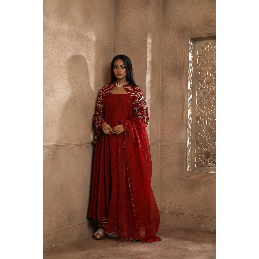Omana by Ranjana Bothra Red Bella Bird Kurta with Palazzo and Dupatta (Set of 3)