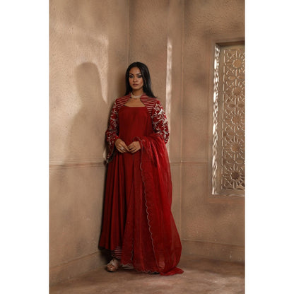 Omana by Ranjana Bothra Red Bella Bird Kurta with Palazzo and Dupatta (Set of 3)