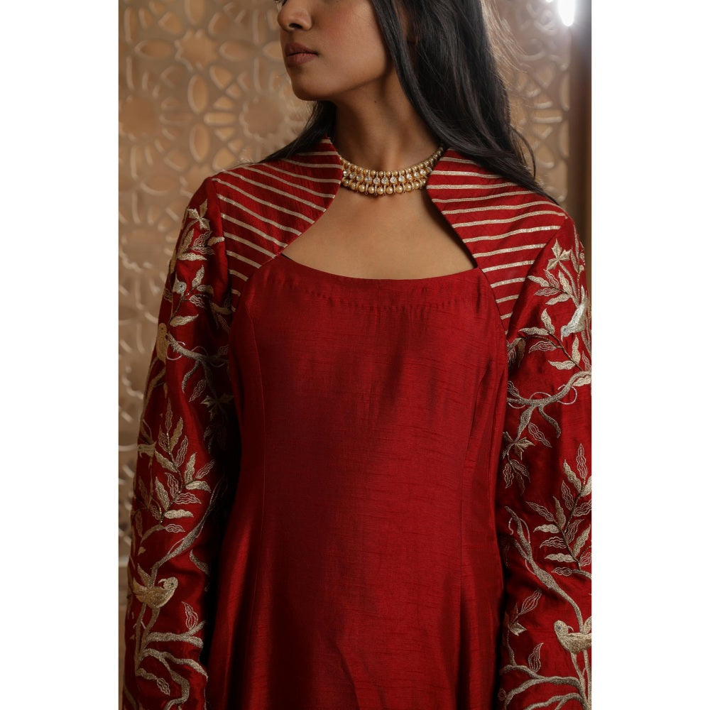 Omana by Ranjana Bothra Red Bella Bird Kurta with Palazzo and Dupatta (Set of 3)