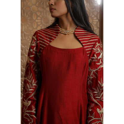 Omana by Ranjana Bothra Red Bella Bird Kurta with Palazzo and Dupatta (Set of 3)