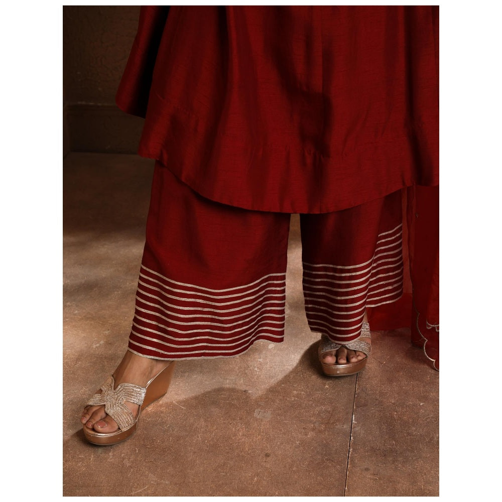 Omana by Ranjana Bothra Red Bella Bird Kurta with Palazzo and Dupatta (Set of 3)