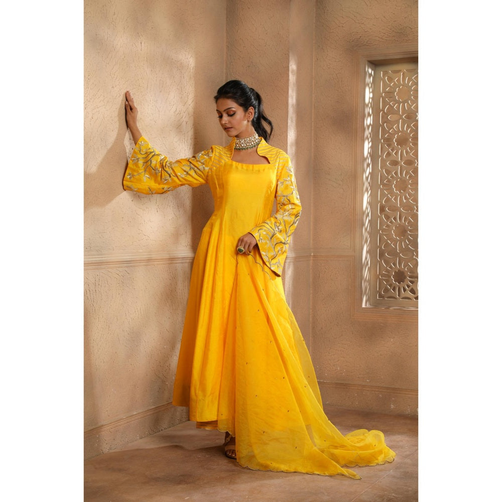 Omana by Ranjana Bothra Yellow Bella Bird Kurta with Palazzo and Dupatta (Set of 3)