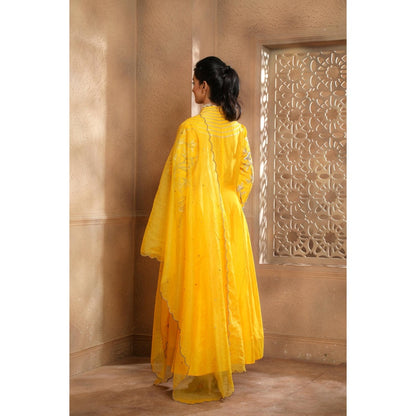 Omana by Ranjana Bothra Yellow Bella Bird Kurta with Palazzo and Dupatta (Set of 3)