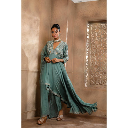Omana by Ranjana Bothra Teal Asymmetrical Kurta with Pant and Dupatta (Set of 3)
