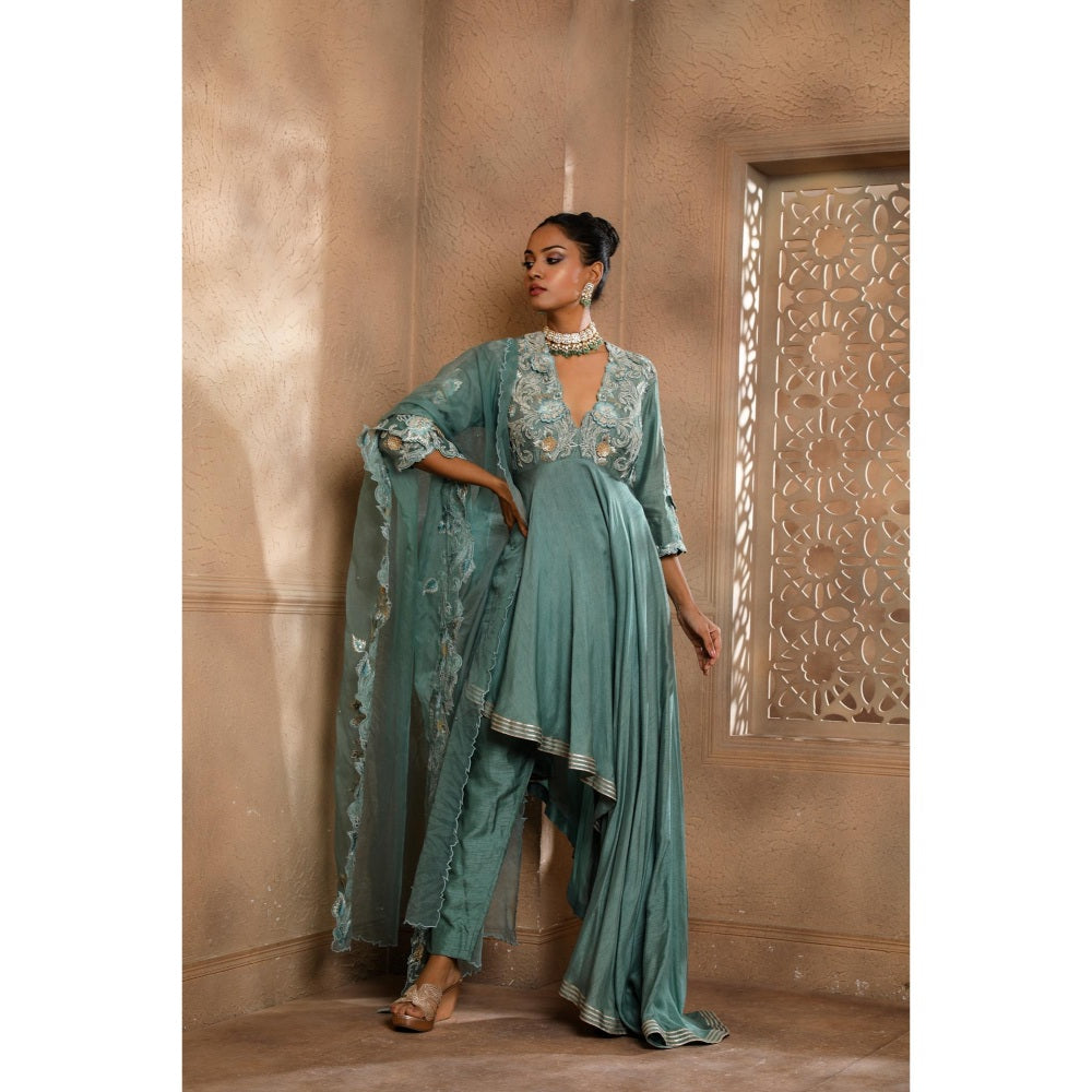 Omana by Ranjana Bothra Teal Asymmetrical Kurta with Pant and Dupatta (Set of 3)