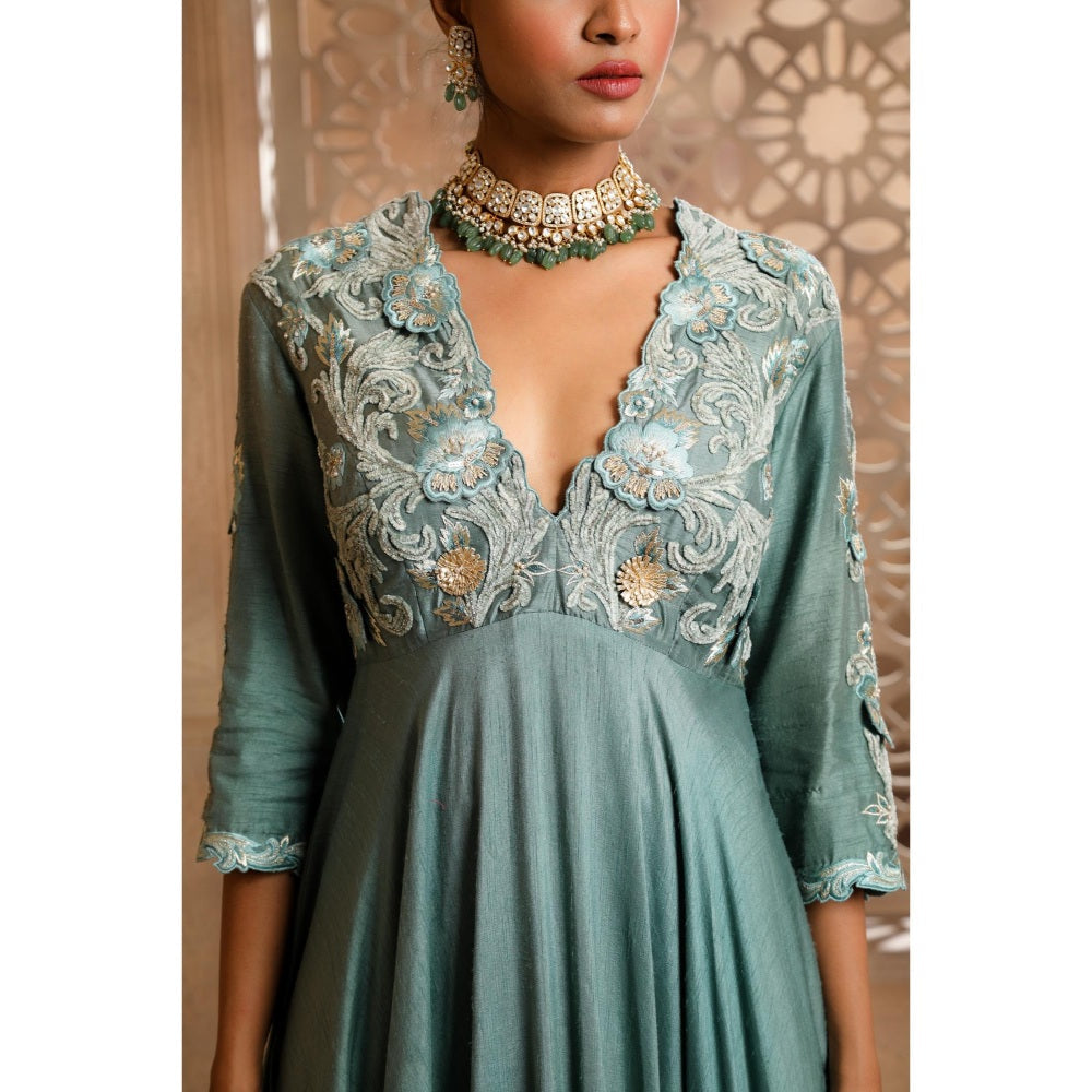 Omana by Ranjana Bothra Teal Asymmetrical Kurta with Pant and Dupatta (Set of 3)