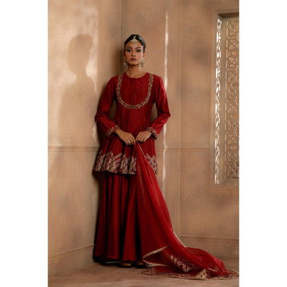 Omana by Ranjana Bothra Maroon Haya Sharara with Kurti and Dupatta (Set of 3)