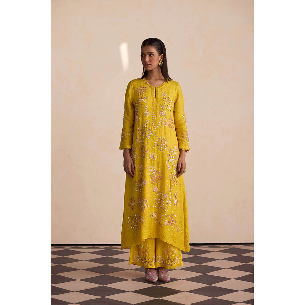 One Not Two Yellow Embroidered Silk Kurta with Slip and Palazzo (Set of 3)