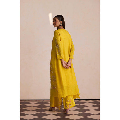 One Not Two Yellow Embroidered Silk Kurta with Slip and Palazzo (Set of 3)