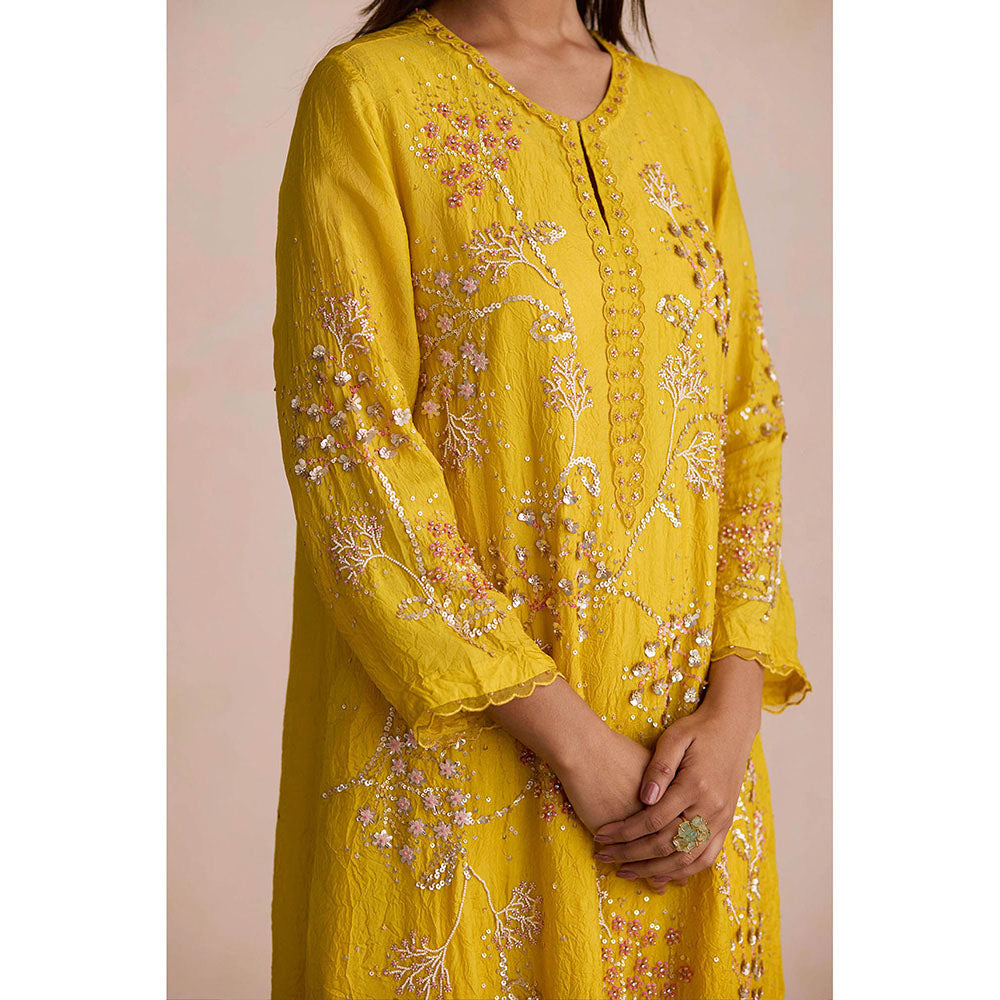 One Not Two Yellow Embroidered Silk Kurta with Slip and Palazzo (Set of 3)