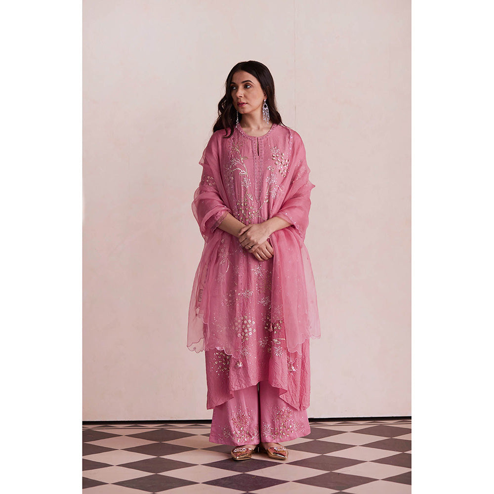 One Not Two Pink Embroidered Kurta with Slip and Palazzo (Set of 3)